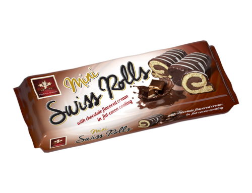 Mini Swiss Rolls with chocolate flavored cream in fat-cocoa coating