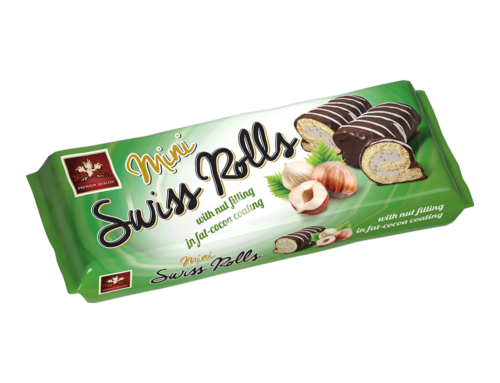 Mini Swiss Rolls with nut filling in fat-cocoa coating