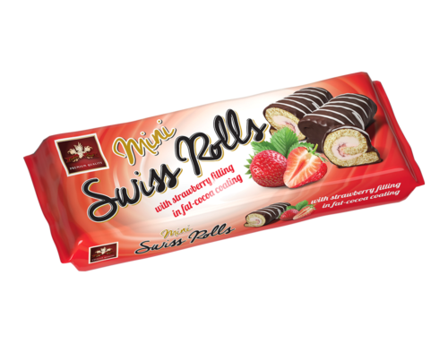 Mini Swiss Rolls with strawberry filling in fat-cocoa coating